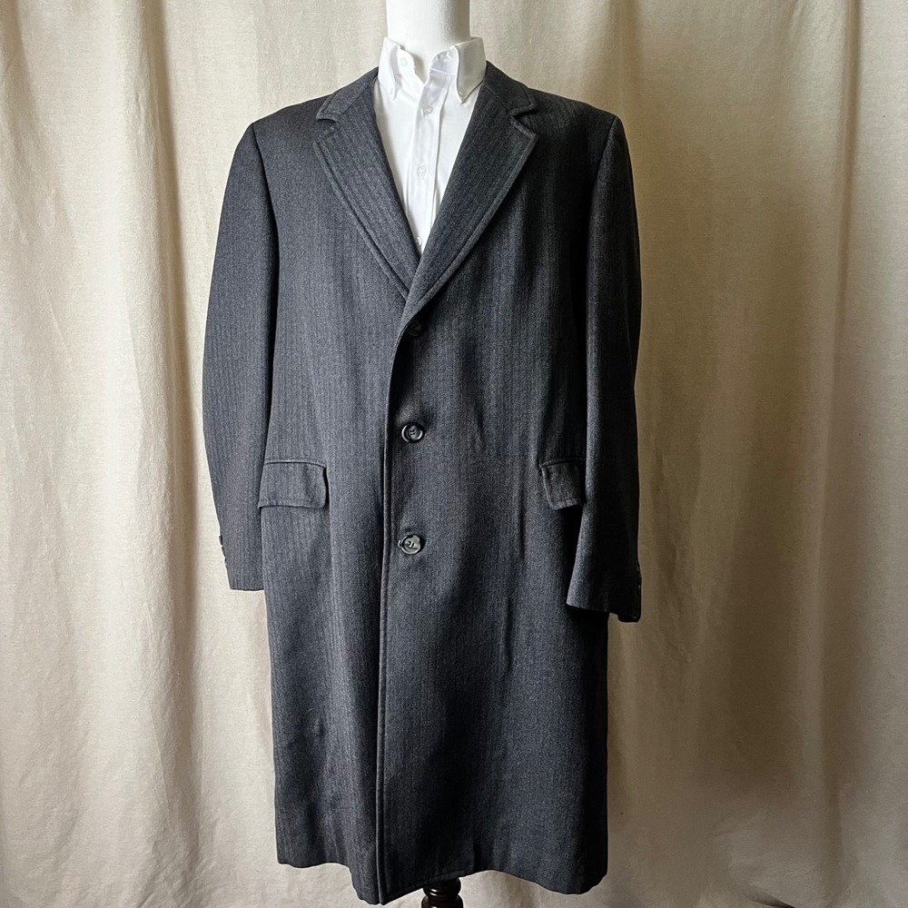Vintage Wool Herringbone Overcoat‎ Gray Minimalist Classic Coat Size L XL